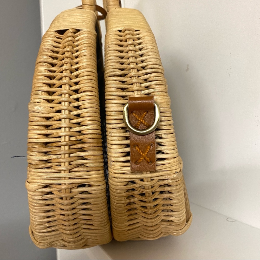 Anthropologie | NWOT Mini Rattan Suitcase Satchel Purse Basket Bag Blue Gingham - Picture 5 of 10